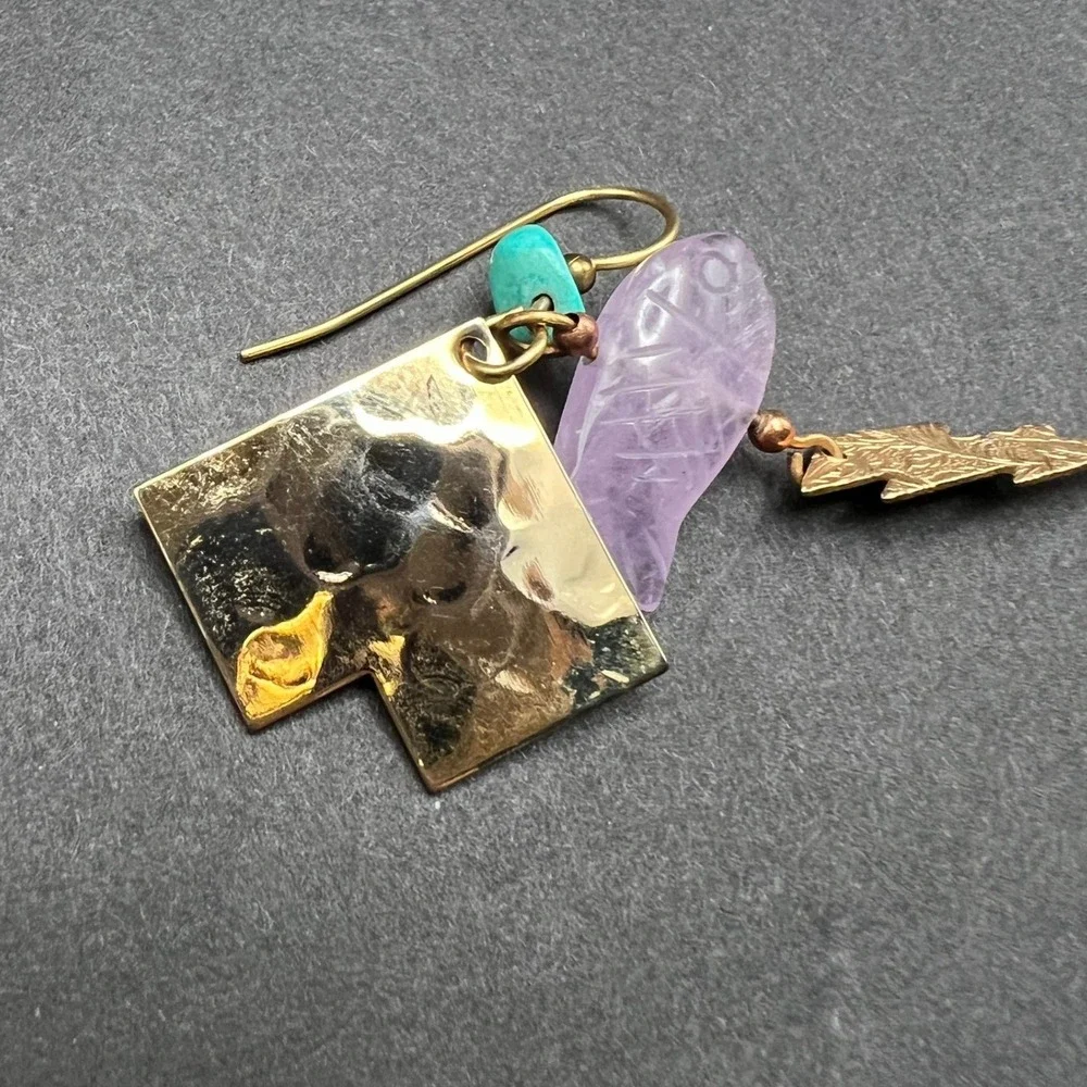 Artisan Fish Earrings Gold Tone‎ Rose Quartz Textured Boho